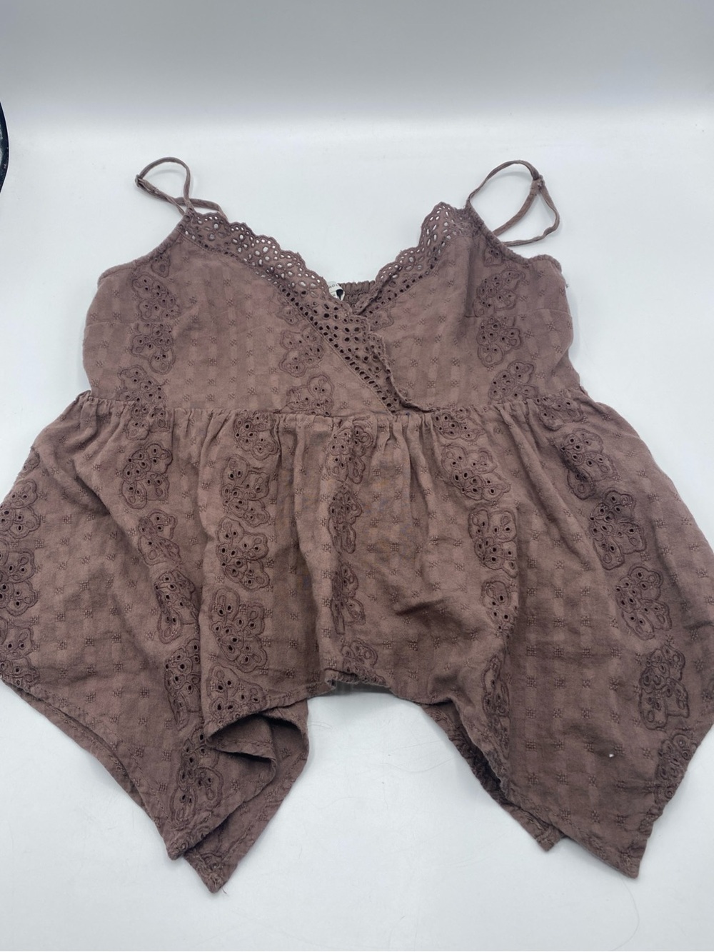 American Eagle Cami Top Women Brown Eyelet Boho Peplum Handkerchief Hem XS Extra